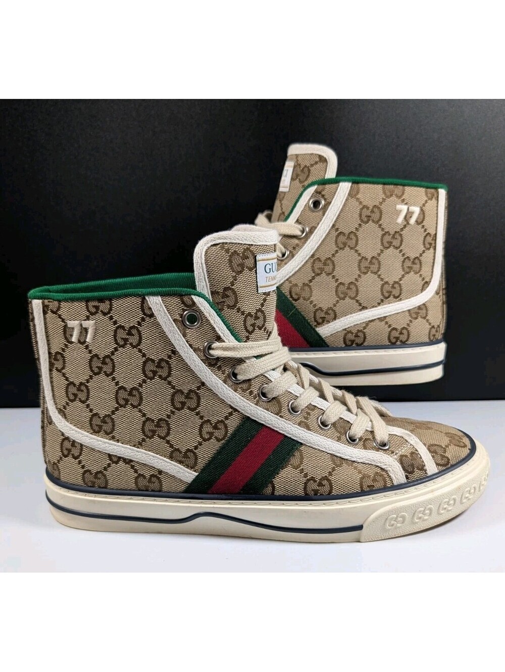 Gucci Womens 8.5 Beige Tennis 1977 GG Canvas High Top Sneakers Green Red Classic